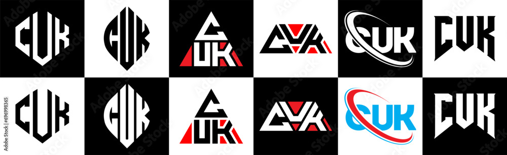 CUK letter logo design in six style. CUK polygon, circle, triangle, hexagon, flat and simple style with black and white color variation letter logo set in one artboard. CUK minimalist and classic logo CUK letter logo design in six style. CUK polygon, circle, triangle, hexagon, flat and simple style with black and white color variation letter logo set in one artboard. CUK minimalist and classic logo