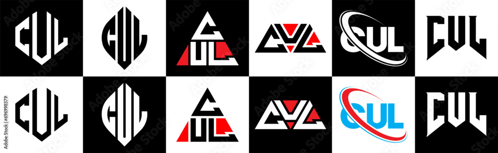 CUL letter logo design in six style. CUL polygon, circle, triangle, hexagon, flat and simple style with black and white color variation letter logo set in one artboard. CUL minimalist and classic logo CUL letter logo design in six style. CUL polygon, circle, triangle, hexagon, flat and simple style with black and white color variation letter logo set in one artboard. CUL minimalist and classic logo