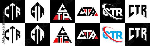 CTR letter logo design in six style. CTR polygon, circle, triangle, hexagon, flat and simple style with black and white color variation letter logo set in one artboard. CTR minimalist and classic logo