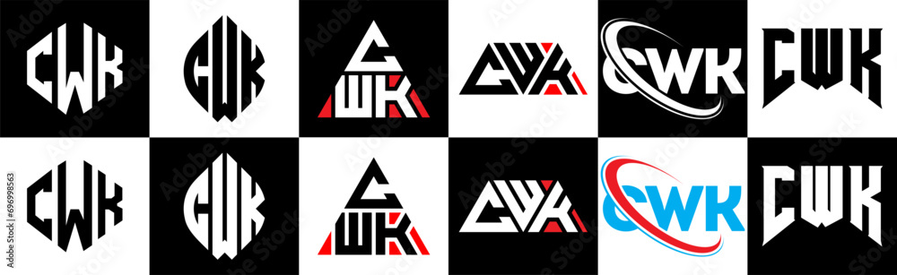 CWK letter logo design in six style. CWK polygon, circle, triangle, hexagon, flat and simple style with black and white color variation letter logo set in one artboard. CWK minimalist and classic logo - obrazy, fototapety, plakaty 