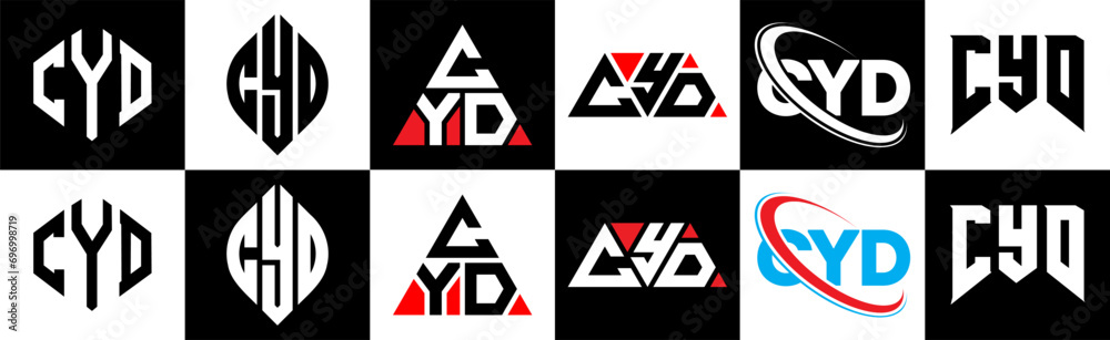 CYD letter logo design in six style. CYD polygon, circle, triangle, hexagon, flat and simple style with black and white color variation letter logo set in one artboard. CYD minimalist and classic logo CYD letter logo design in six style. CYD polygon, circle, triangle, hexagon, flat and simple style with black and white color variation letter logo set in one artboard. CYD minimalist and classic logo