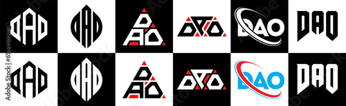 DAO letter logo design in six style. DAO polygon, circle, triangle, hexagon, flat and simple style with black and white color variation letter logo set in one artboard. DAO minimalist and classic logo