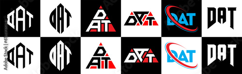 DAT letter logo design in six style. DAT polygon, circle, triangle, hexagon, flat and simple style with black and white color variation letter logo set in one artboard. DAT minimalist and classic logo