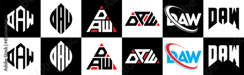 DAW letter logo design in six style. DAW polygon, circle, triangle, hexagon, flat and simple style with black and white color variation letter logo set in one artboard. DAW minimalist and classic logo