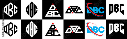 DBC letter logo design in six style. DBC polygon, circle, triangle, hexagon, flat and simple style with black and white color variation letter logo set in one artboard. DBC minimalist and classic logo