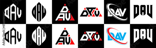 DAV letter logo design in six style. DAV polygon, circle, triangle, hexagon, flat and simple style with black and white color variation letter logo set in one artboard. DAV minimalist and classic logo