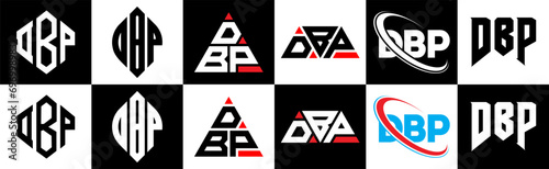 DBP letter logo design in six style. DBP polygon, circle, triangle, hexagon, flat and simple style with black and white color variation letter logo set in one artboard. DBP minimalist and classic logo photo