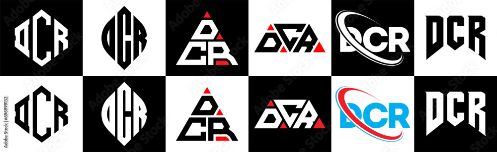 DCR letter logo design in six style. DCR polygon, circle, triangle, hexagon, flat and simple style with black and white color variation letter logo set in one artboard. DCR minimalist and classic logo DCR letter logo design in six style. DCR polygon, circle, triangle, hexagon, flat and simple style with black and white color variation letter logo set in one artboard. DCR minimalist and classic logo