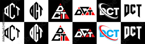 DCT letter logo design in six style. DCT polygon, circle, triangle, hexagon, flat and simple style with black and white color variation letter logo set in one artboard. DCT minimalist and classic logo