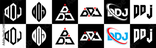 DDJ letter logo design in six style. DDJ polygon, circle, triangle, hexagon, flat and simple style with black and white color variation letter logo set in one artboard. DDJ minimalist and classic logo photo