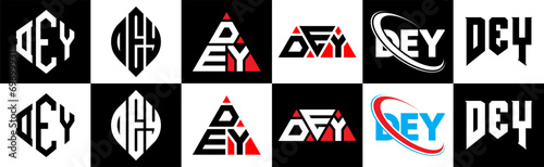 DEY letter logo design in six style. DEY polygon, circle, triangle, hexagon, flat and simple style with black and white color variation letter logo set in one artboard. DEY minimalist and classic logo