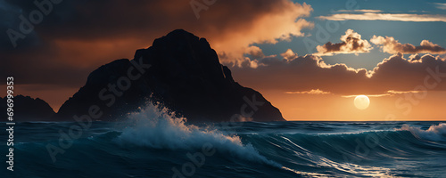 A serene ocean scene with a breathtaking sunset sets the stage for a calming 3D animation, as the deep blue ocean and warm orange sky create a stunning contrast © simo