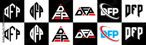 DFP letter logo design in six style. DFP polygon, circle, triangle, hexagon, flat and simple style with black and white color variation letter logo set in one artboard. DFP minimalist and classic logo