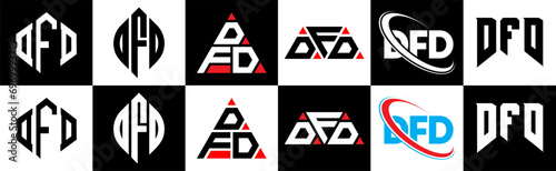 DFD letter logo design in six style. DFD polygon, circle, triangle, hexagon, flat and simple style with black and white color variation letter logo set in one artboard. DFD minimalist and classic logo photo