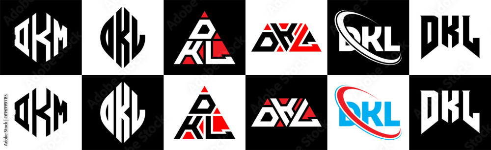 DKL letter logo design in six style. DKL polygon, circle, triangle, hexagon, flat and simple style with black and white color variation letter logo set in one artboard. DKL minimalist and classic logo DKL letter logo design in six style. DKL polygon, circle, triangle, hexagon, flat and simple style with black and white color variation letter logo set in one artboard. DKL minimalist and classic logo