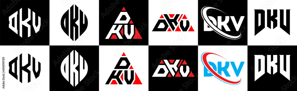 DKV letter logo design in six style. DKV polygon, circle, triangle, hexagon, flat and simple style with black and white color variation letter logo set in one artboard. DKV minimalist and classic logo DKV letter logo design in six style. DKV polygon, circle, triangle, hexagon, flat and simple style with black and white color variation letter logo set in one artboard. DKV minimalist and classic logo