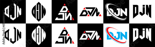 DJN letter logo design in six style. DJN polygon, circle, triangle, hexagon, flat and simple style with black and white color variation letter logo set in one artboard. DJN minimalist and classic logo photo