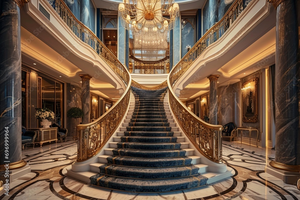 Unfold the story of luxury living through a visually stunning image showcasing the seamless intertwining of a grand staircase within an opulent interior