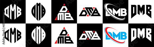 DMB letter logo design in six style. DMB polygon, circle, triangle, hexagon, flat and simple style with black and white color variation letter logo set in one artboard. DMB minimalist and classic logo photo