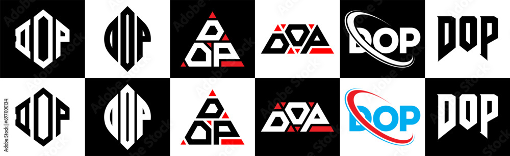 DOP letter logo design in six style. DOP polygon, circle, triangle, hexagon, flat and simple style with black and white color variation letter logo set in one artboard. DOP minimalist and classic logo DOP letter logo design in six style. DOP polygon, circle, triangle, hexagon, flat and simple style with black and white color variation letter logo set in one artboard. DOP minimalist and classic logo