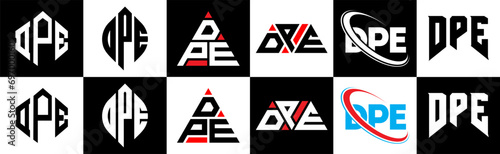 DPE letter logo design in six style. DPE polygon, circle, triangle, hexagon, flat and simple style with black and white color variation letter logo set in one artboard. DPE minimalist and classic logo photo