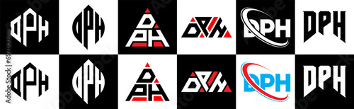 DPH letter logo design in six style. DPH polygon, circle, triangle, hexagon, flat and simple style with black and white color variation letter logo set in one artboard. DPH minimalist and classic logo