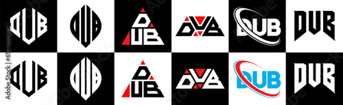 DUB letter logo design in six style. DUB polygon, circle, triangle, hexagon, flat and simple style with black and white color variation letter logo set in one artboard. DUB minimalist and classic logo
