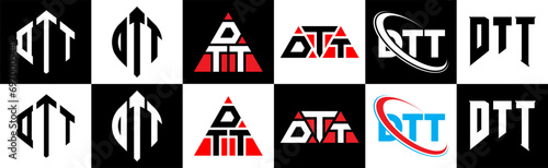 DTT letter logo design in six style. DTT polygon, circle, triangle, hexagon, flat and simple style with black and white color variation letter logo set in one artboard. DTT minimalist and classic logo photo