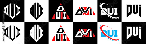 DUI letter logo design in six style. DUI polygon, circle, triangle, hexagon, flat and simple style with black and white color variation letter logo set in one artboard. DUI minimalist and classic logo