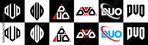 DUO letter logo design in six style. DUO polygon, circle, triangle, hexagon, flat and simple style with black and white color variation letter logo set in one artboard. DUO minimalist and classic logo