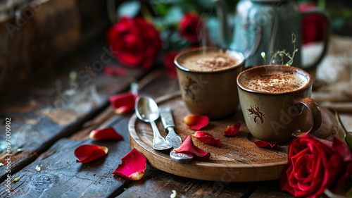 Coffee for two on valentines day  two artistic ceramic mugs of steaming coffee surrounded by red roses and petals for a couple celebrating their love