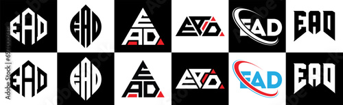 EAD letter logo design in six style. EAD polygon, circle, triangle, hexagon, flat and simple style with black and white color variation letter logo set in one artboard. EAD minimalist and classic logo