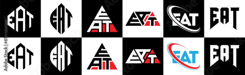 EAT letter logo design in six style. EAT polygon, circle, triangle, hexagon, flat and simple style with black and white color variation letter logo set in one artboard. EAT minimalist and classic logo
