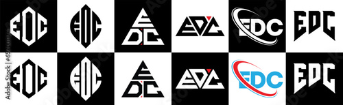 EDC letter logo design in six style. EDC polygon, circle, triangle, hexagon, flat and simple style with black and white color variation letter logo set in one artboard. EDC minimalist and classic logo