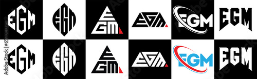 EGM letter logo design in six style. EGM polygon, circle, triangle, hexagon, flat and simple style with black and white color variation letter logo set in one artboard. EGM minimalist and classic logo