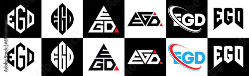 EGD letter logo design in six style. EGD polygon, circle, triangle, hexagon, flat and simple style with black and white color variation letter logo set in one artboard. EGD minimalist and classic logo photo