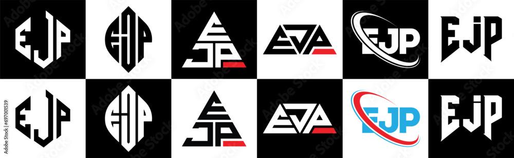EJP letter logo design in six style. EJP polygon, circle, triangle, hexagon, flat and simple style with black and white color variation letter logo set in one artboard. EJP minimalist and classic logo EJP letter logo design in six style. EJP polygon, circle, triangle, hexagon, flat and simple style with black and white color variation letter logo set in one artboard. EJP minimalist and classic logo