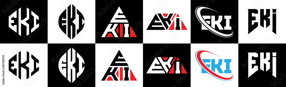 EKI letter logo design in six style. EKI polygon, circle, triangle, hexagon, flat and simple style with black and white color variation letter logo set in one artboard. EKI minimalist and classic logo EKI letter logo design in six style. EKI polygon, circle, triangle, hexagon, flat and simple style with black and white color variation letter logo set in one artboard. EKI minimalist and classic logo