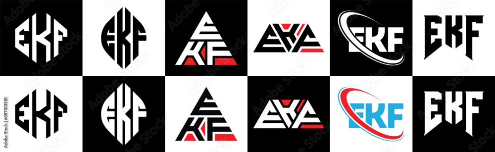 EKF letter logo design in six style. EKF polygon, circle, triangle, hexagon, flat and simple style with black and white color variation letter logo set in one artboard. EKF minimalist and classic logo EKF letter logo design in six style. EKF polygon, circle, triangle, hexagon, flat and simple style with black and white color variation letter logo set in one artboard. EKF minimalist and classic logo