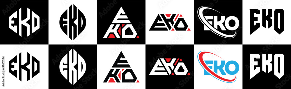 EKO letter logo design in six style. EKO polygon, circle, triangle, hexagon, flat and simple style with black and white color variation letter logo set in one artboard. EKO minimalist and classic logo - obrazy, fototapety, plakaty 