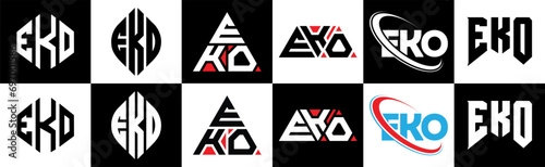 EKO letter logo design in six style. EKO polygon, circle, triangle, hexagon, flat and simple style with black and white color variation letter logo set in one artboard. EKO minimalist and classic logo