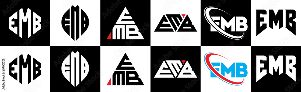 EMB letter logo design in six style. EMB polygon, circle, triangle, hexagon, flat and simple style with black and white color variation letter logo set in one artboard. EMB minimalist and classic logo EMB letter logo design in six style. EMB polygon, circle, triangle, hexagon, flat and simple style with black and white color variation letter logo set in one artboard. EMB minimalist and classic logo