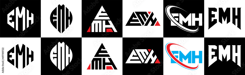 EMH letter logo design in six style. EMH polygon, circle, triangle, hexagon, flat and simple style with black and white color variation letter logo set in one artboard. EMH minimalist and classic logo EMH letter logo design in six style. EMH polygon, circle, triangle, hexagon, flat and simple style with black and white color variation letter logo set in one artboard. EMH minimalist and classic logo