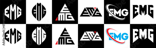 EMG letter logo design in six style. EMG polygon, circle, triangle, hexagon, flat and simple style with black and white color variation letter logo set in one artboard. EMG minimalist and classic logo