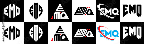 EMQ letter logo design in six style. EMQ polygon, circle, triangle, hexagon, flat and simple style with black and white color variation letter logo set in one artboard. EMQ minimalist and classic logo photo