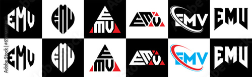 EMV letter logo design in six style. EMV polygon, circle, triangle, hexagon, flat and simple style with black and white color variation letter logo set in one artboard. EMV minimalist and classic logo