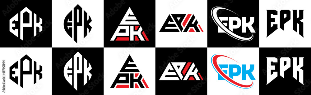 EPK letter logo design in six style. EPK polygon, circle, triangle, hexagon, flat and simple style with black and white color variation letter logo set in one artboard. EPK minimalist and classic logo EPK letter logo design in six style. EPK polygon, circle, triangle, hexagon, flat and simple style with black and white color variation letter logo set in one artboard. EPK minimalist and classic logo