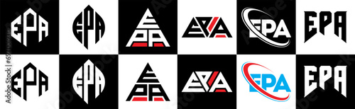 EPA letter logo design in six style. EPA polygon, circle, triangle, hexagon, flat and simple style with black and white color variation letter logo set in one artboard. EPA minimalist and classic logo