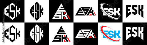ESK letter logo design in six style. ESK polygon, circle, triangle, hexagon, flat and simple style with black and white color variation letter logo set in one artboard. ESK minimalist and classic logo