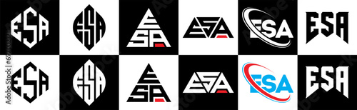 ESA letter logo design in six style. ESA polygon, circle, triangle, hexagon, flat and simple style with black and white color variation letter logo set in one artboard. ESA minimalist and classic logo